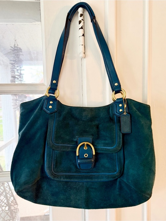 Coach Teal Campbell Suede Shoulder Bag with Gold Hardware